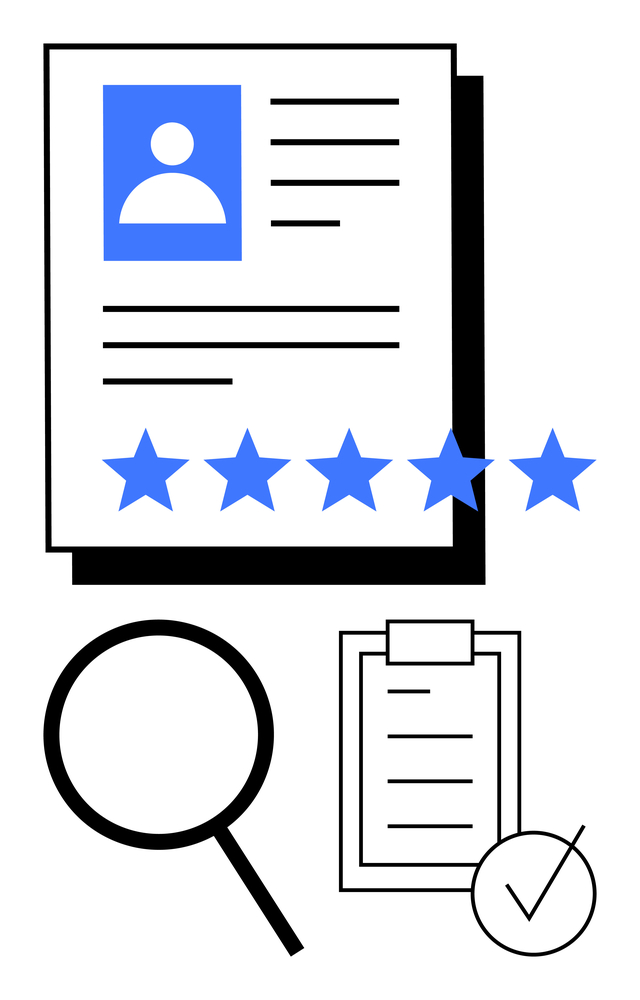Candidate profile next to five blue stars, magnifying glass, and checklist with a checkmark. Ideal for recruitment, feedback, ratings, performance review, HR, goal tracking career abstract line flat